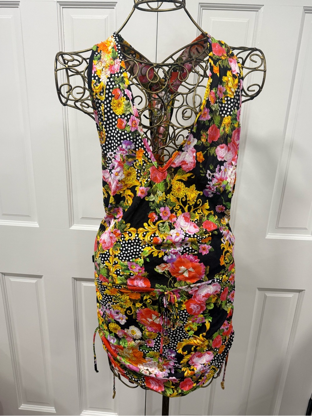 Luli Fama Floral V-Neck Drawstring Mini Dress coverup - Black Multi size XS